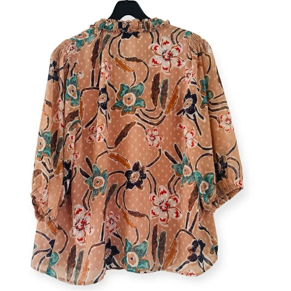 Joie Floral Swiss Dot Tie Neck Blouse Size Large